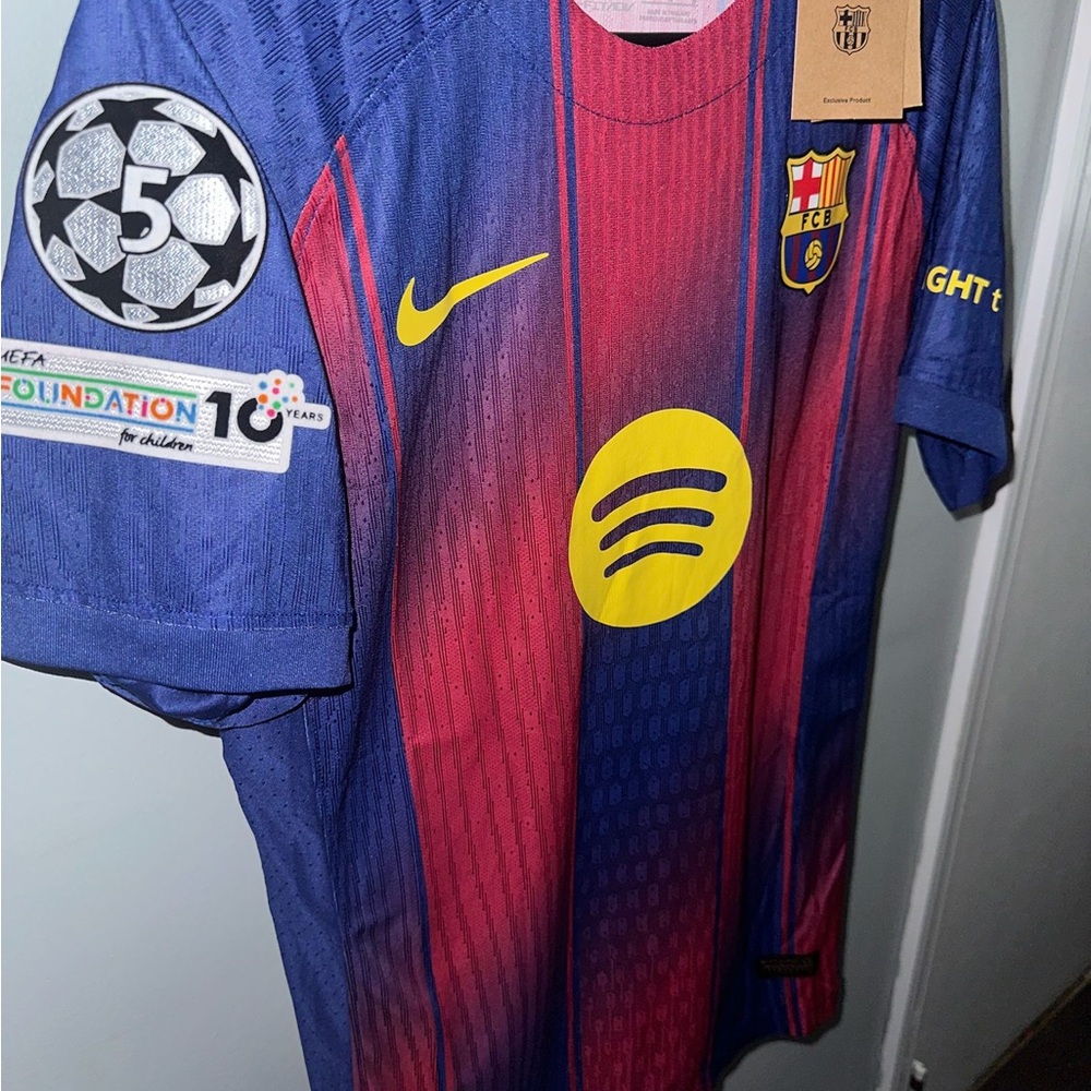 Nike Men's FC Barcelona Blue and Red Jersey with Yellow Accents